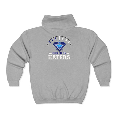 Fueled by Haters" Zip-Up Hoodie with Graphic Emblem & Roomy Pockets Printify