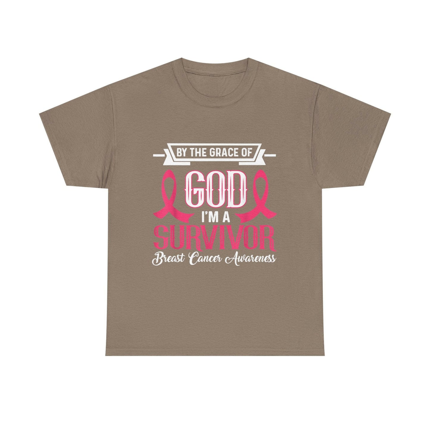 God is Survivor Unisex Heavy Cotton Tee | Pink Ribbon Shirt, Breast Cancer Awareness, Gift for Survivors, Supportive T-Shirt, [...] Printify
