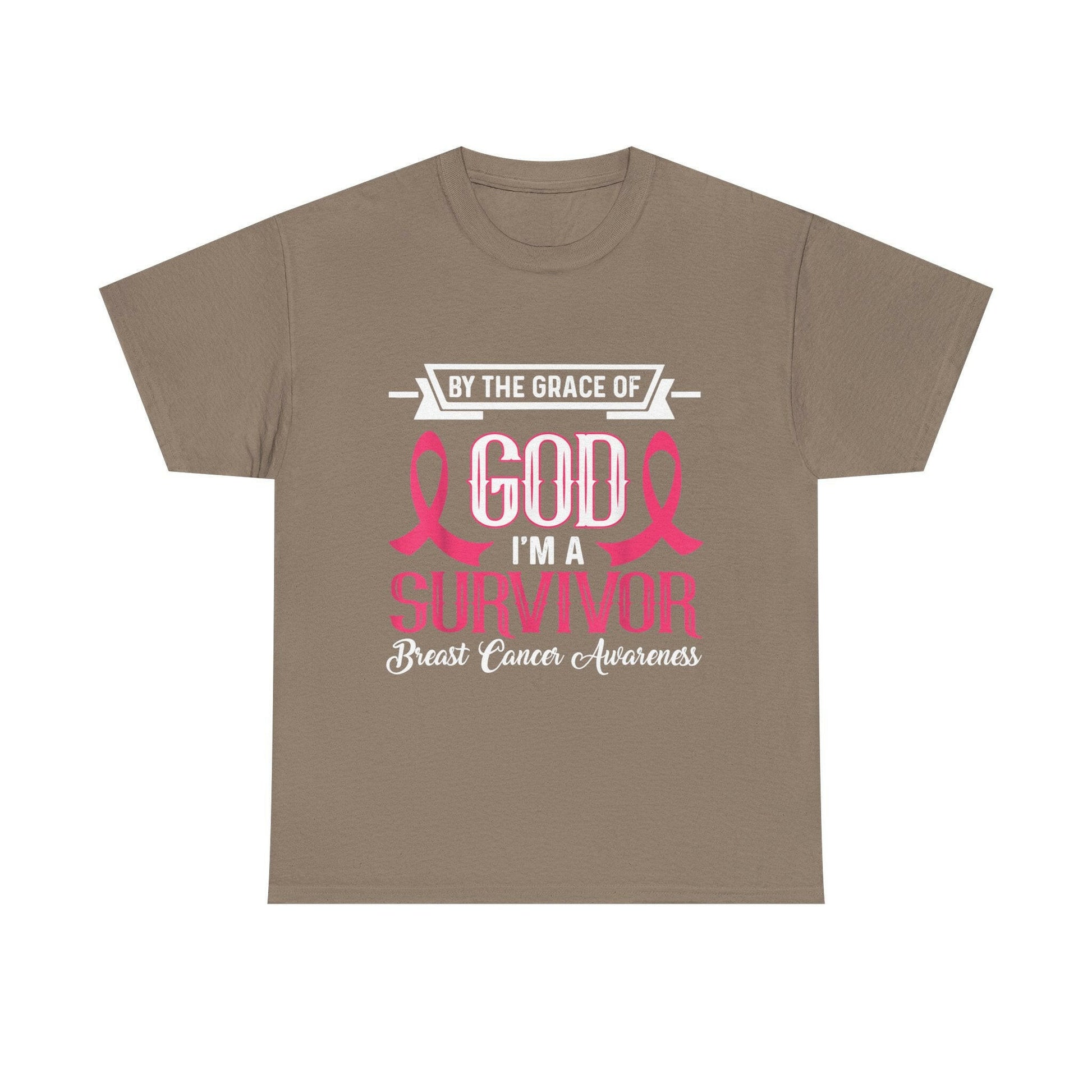 God is Survivor Unisex Heavy Cotton Tee | Pink Ribbon Shirt, Breast Cancer Awareness, Gift for Survivors, Supportive T-Shirt, [...] Printify