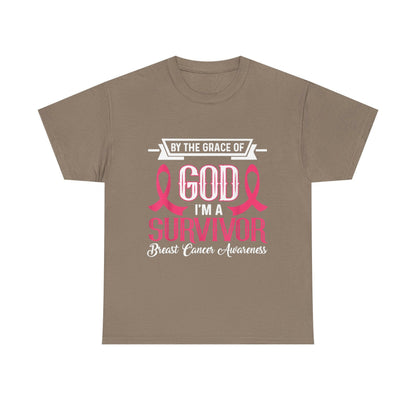 God is Survivor Unisex Heavy Cotton Tee | Pink Ribbon Shirt, Breast Cancer Awareness, Gift for Survivors, Supportive T-Shirt, [...] Printify