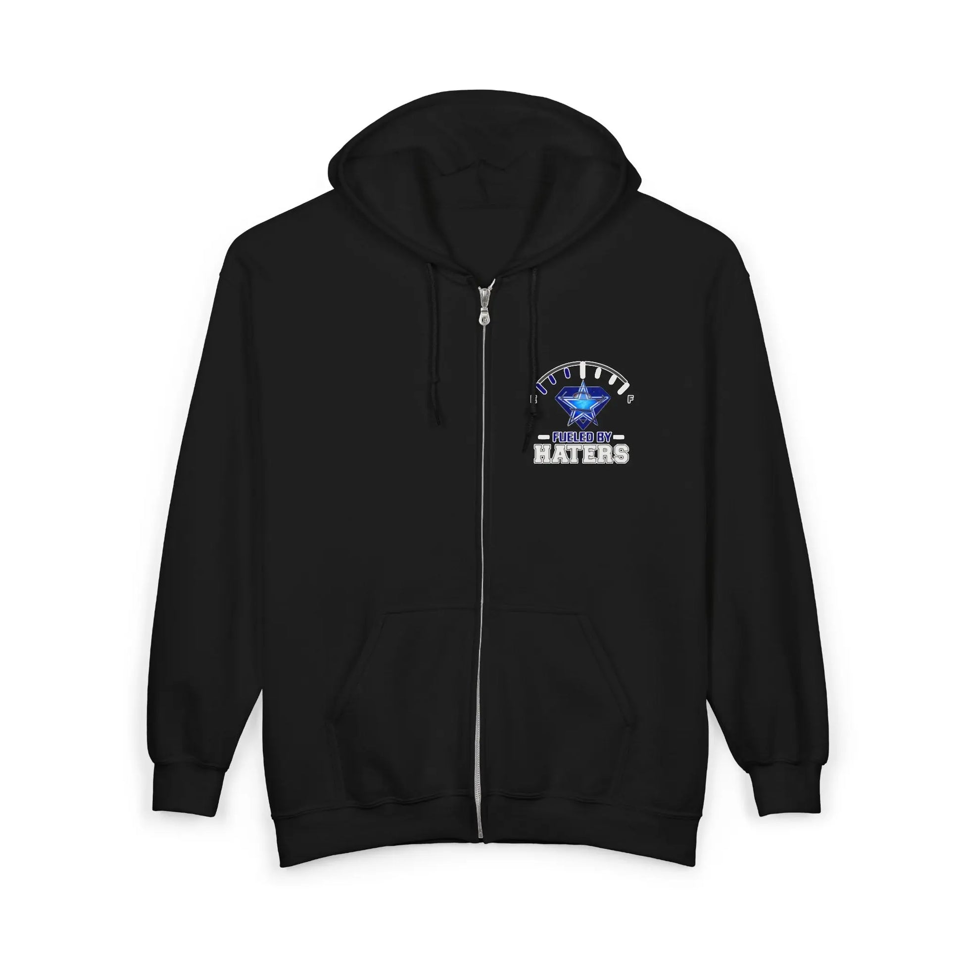 Fueled by Haters" Zip-Up Hoodie with Graphic Emblem & Roomy Pockets Printify