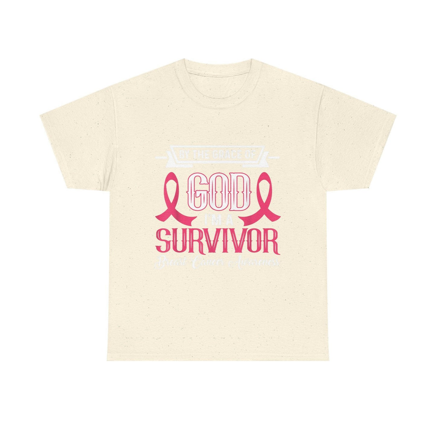 God is Survivor Unisex Heavy Cotton Tee | Pink Ribbon Shirt, Breast Cancer Awareness, Gift for Survivors, Supportive T-Shirt, [...] Printify