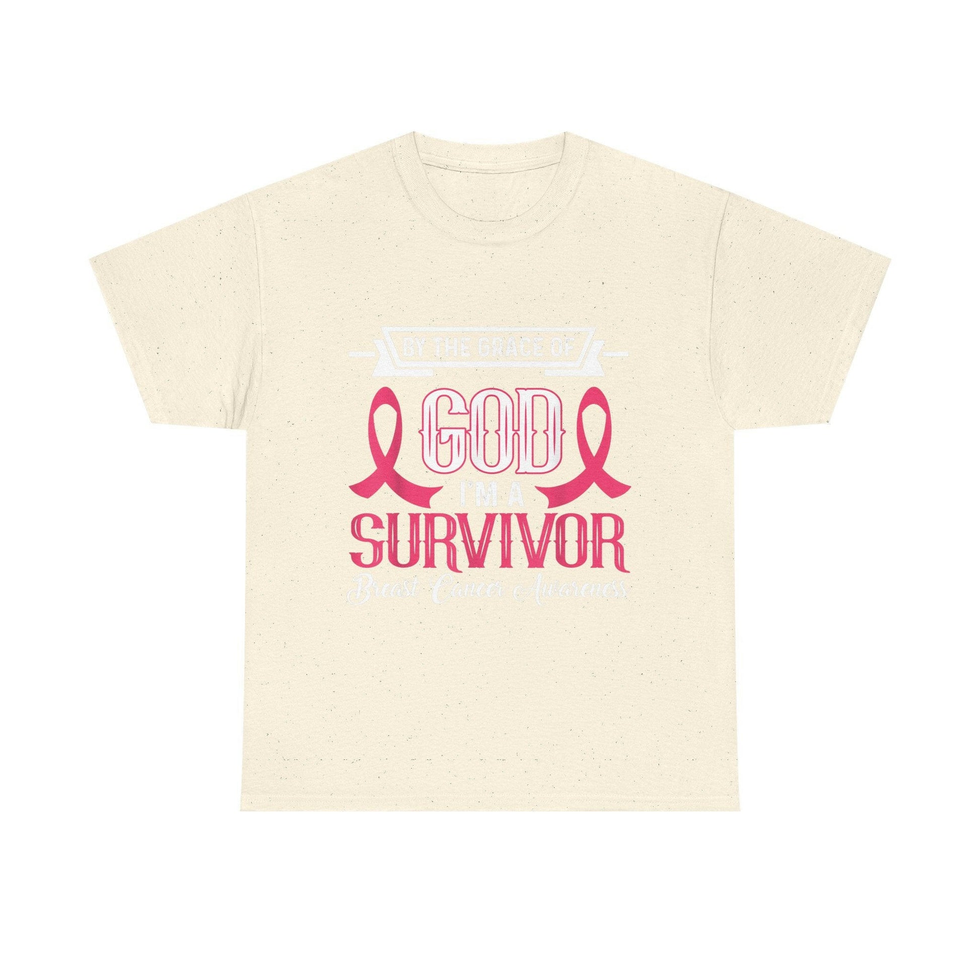 God is Survivor Unisex Heavy Cotton Tee | Pink Ribbon Shirt, Breast Cancer Awareness, Gift for Survivors, Supportive T-Shirt, [...] Printify