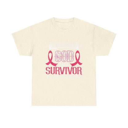 God is Survivor Unisex Heavy Cotton Tee | Pink Ribbon Shirt, Breast Cancer Awareness, Gift for Survivors, Supportive T-Shirt, [...] Printify