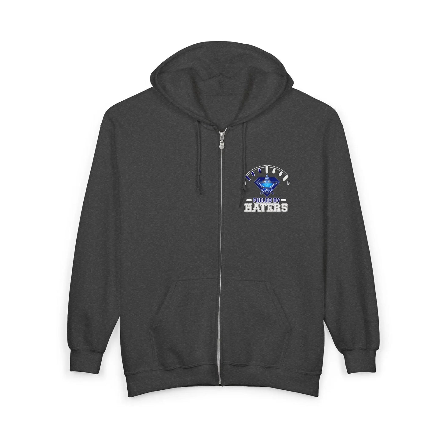 Fueled by Haters" Zip-Up Hoodie with Graphic Emblem & Roomy Pockets Printify
