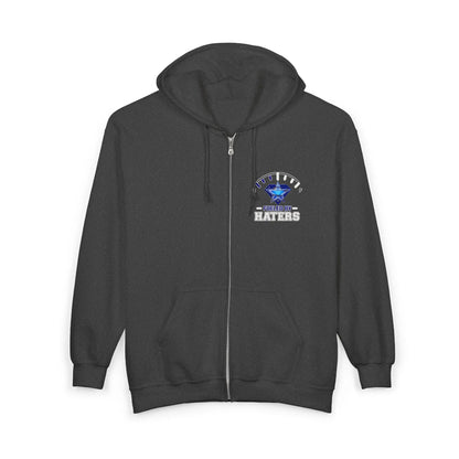 Fueled by Haters" Zip-Up Hoodie with Graphic Emblem & Roomy Pockets Printify