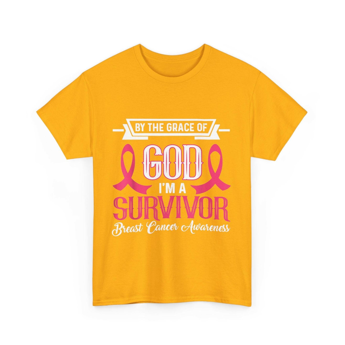 God is Survivor Unisex Heavy Cotton Tee | Pink Ribbon Shirt, Breast Cancer Awareness, Gift for Survivors, Supportive T-Shirt, [...] Printify