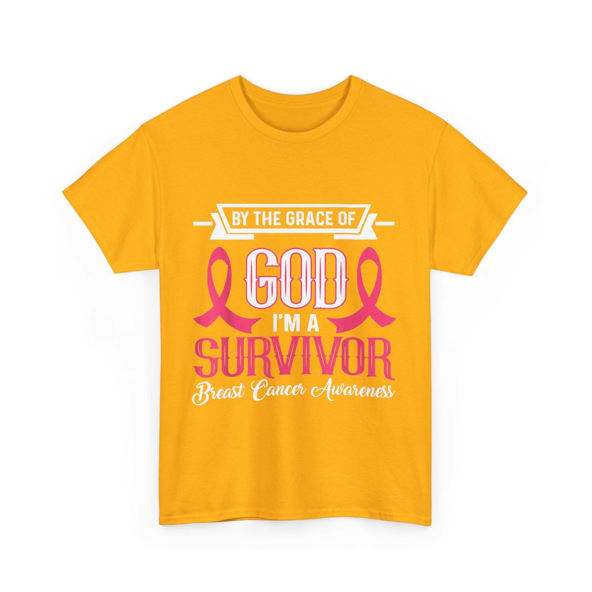 God is Survivor Unisex Heavy Cotton Tee | Pink Ribbon Shirt, Breast Cancer Awareness, Gift for Survivors, Supportive T-Shirt, [...] Printify