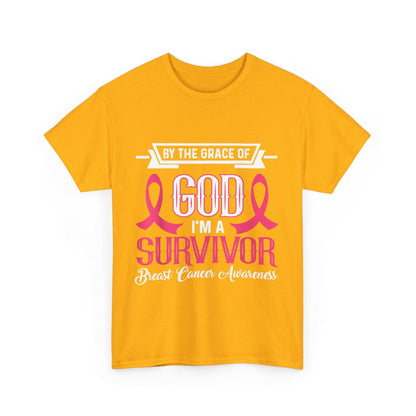 God is Survivor Unisex Heavy Cotton Tee | Pink Ribbon Shirt, Breast Cancer Awareness, Gift for Survivors, Supportive T-Shirt, [...] Printify