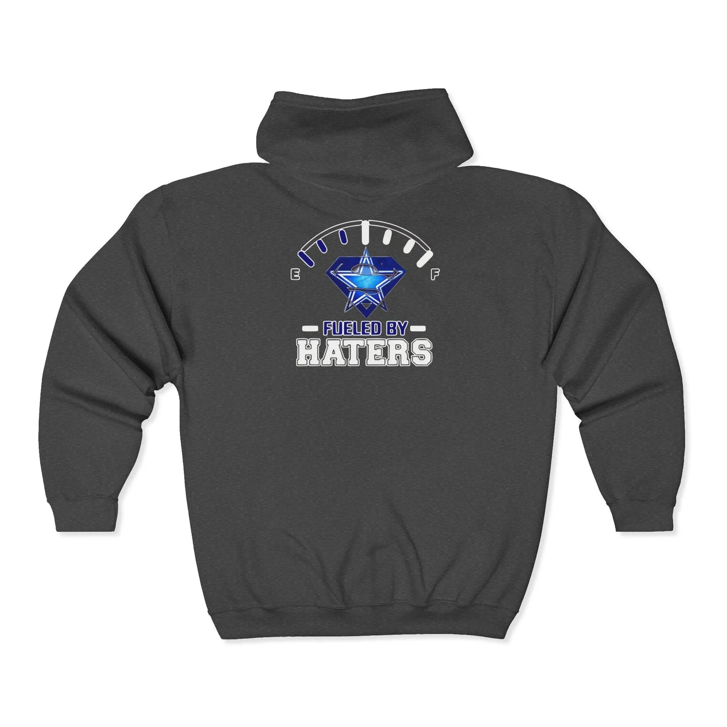 Fueled by Haters" Zip-Up Hoodie with Graphic Emblem & Roomy Pockets Printify
