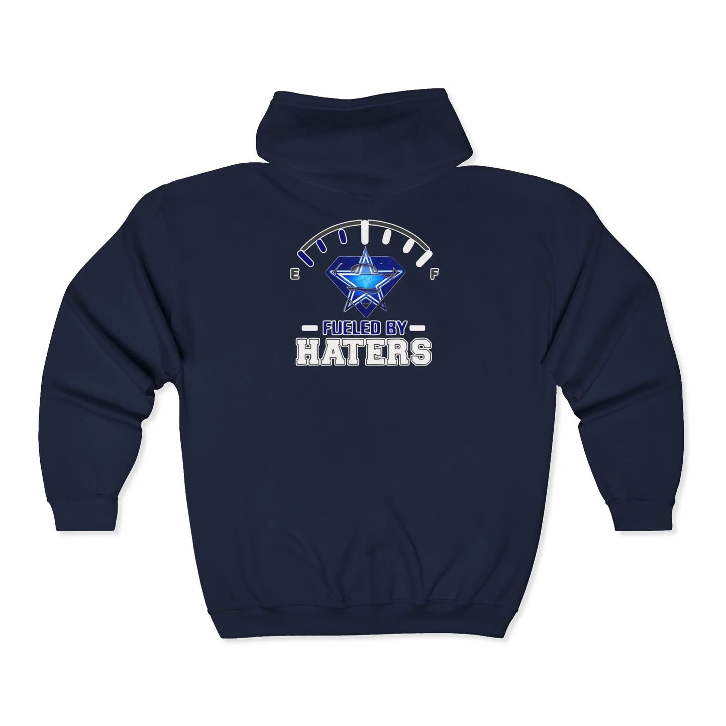 Fueled by Haters" Zip-Up Hoodie with Graphic Emblem & Roomy Pockets Printify