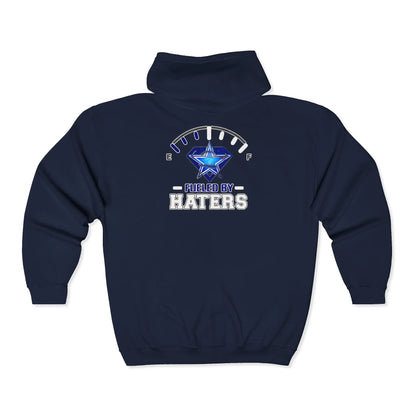 Fueled by Haters" Zip-Up Hoodie with Graphic Emblem & Roomy Pockets Printify