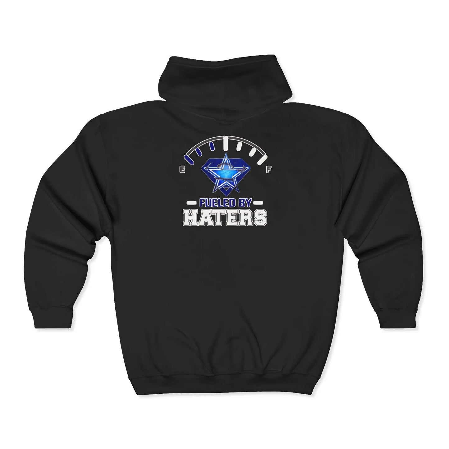 Fueled by Haters" Zip-Up Hoodie with Graphic Emblem & Roomy Pockets Printify