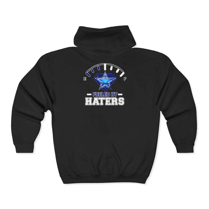 Fueled by Haters" Zip-Up Hoodie with Graphic Emblem & Roomy Pockets Printify