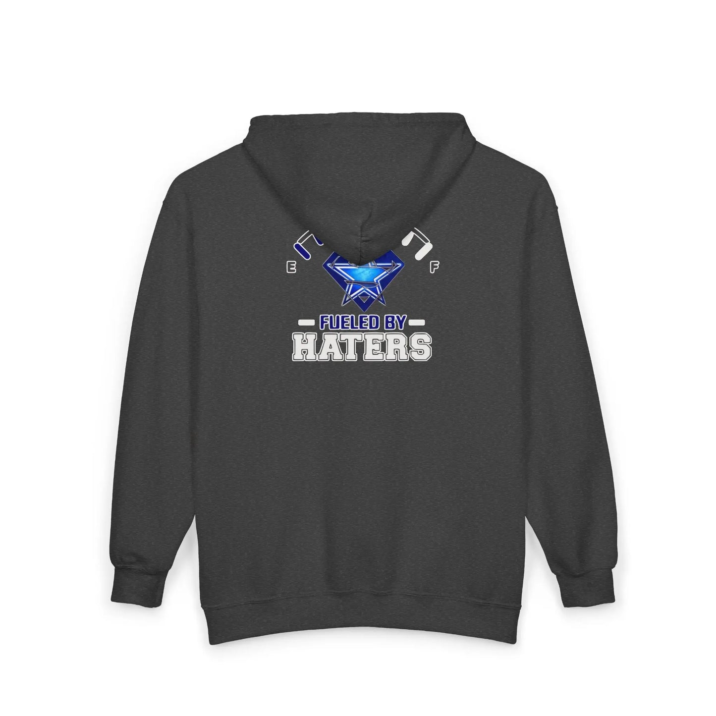 Fueled by Haters" Zip-Up Hoodie with Graphic Emblem & Roomy Pockets Printify