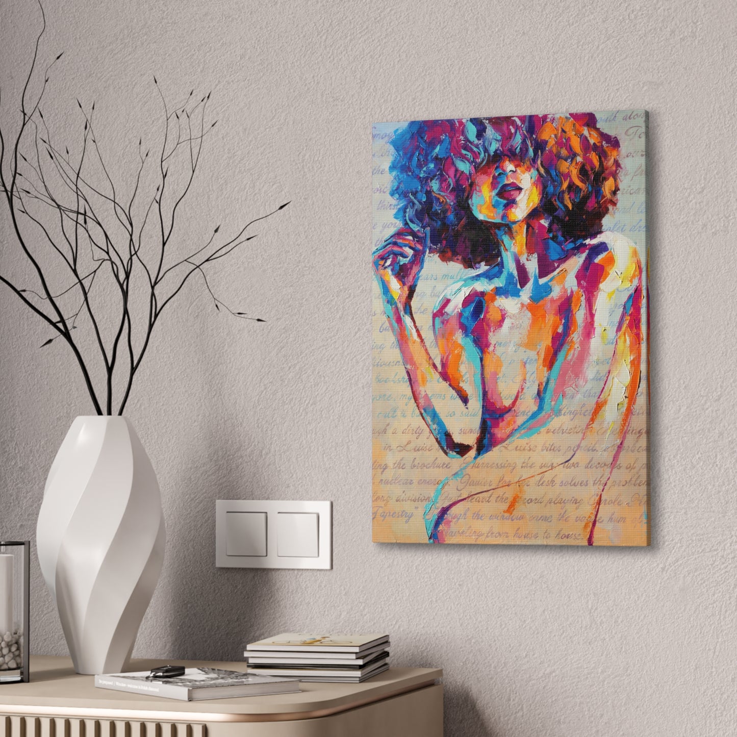 Colorful Abstract Woman Canvas Wall Art – Vibrant Afro Portrait Stretched Canvas