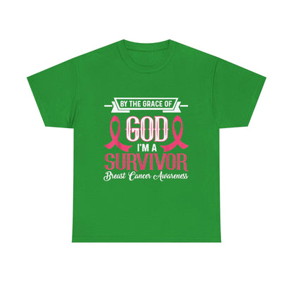 God is Survivor Unisex Heavy Cotton Tee | Pink Ribbon Shirt, Breast Cancer Awareness, Gift for Survivors, Supportive T-Shirt, [...] Printify