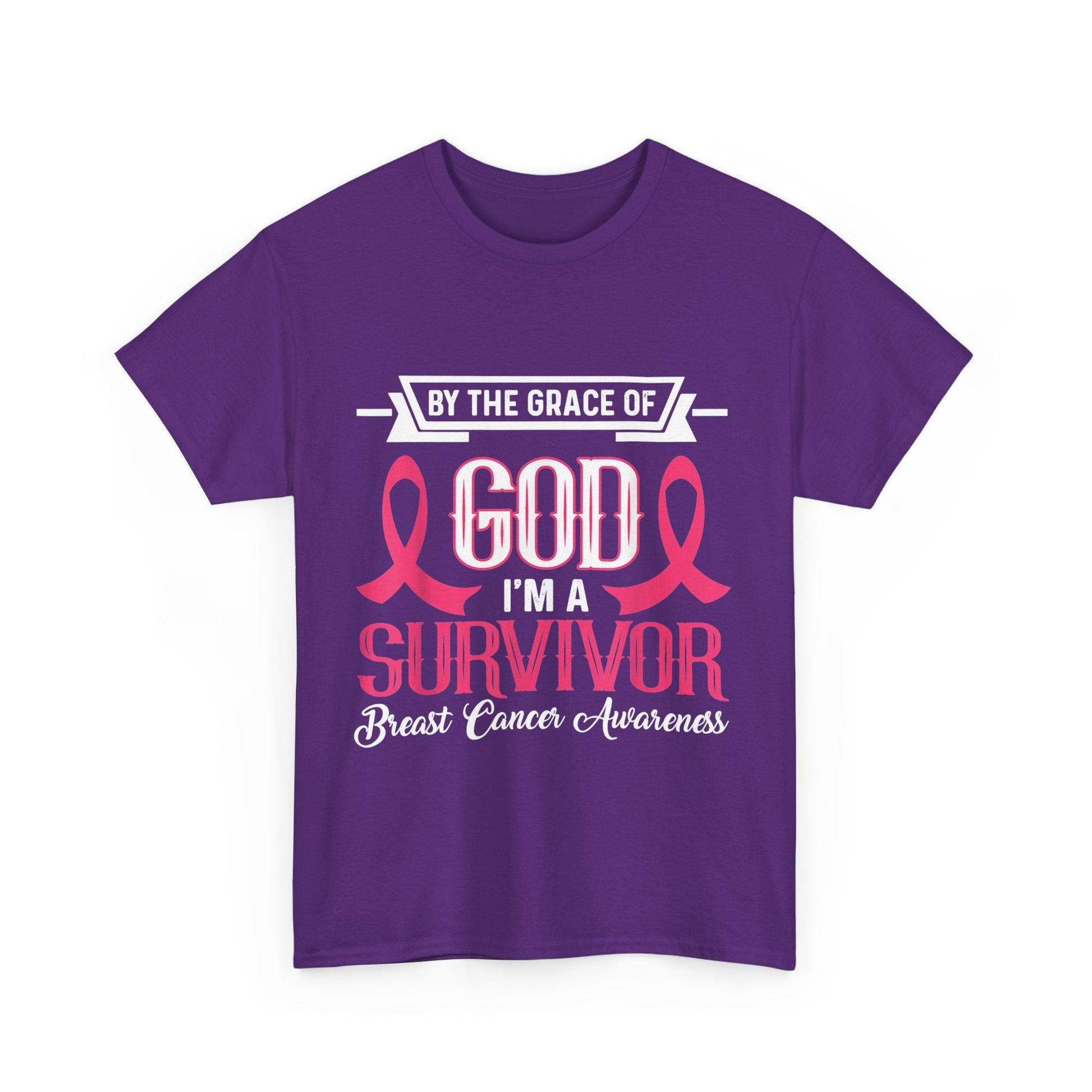 God is Survivor Unisex Heavy Cotton Tee | Pink Ribbon Shirt, Breast Cancer Awareness, Gift for Survivors, Supportive T-Shirt, [...] Printify